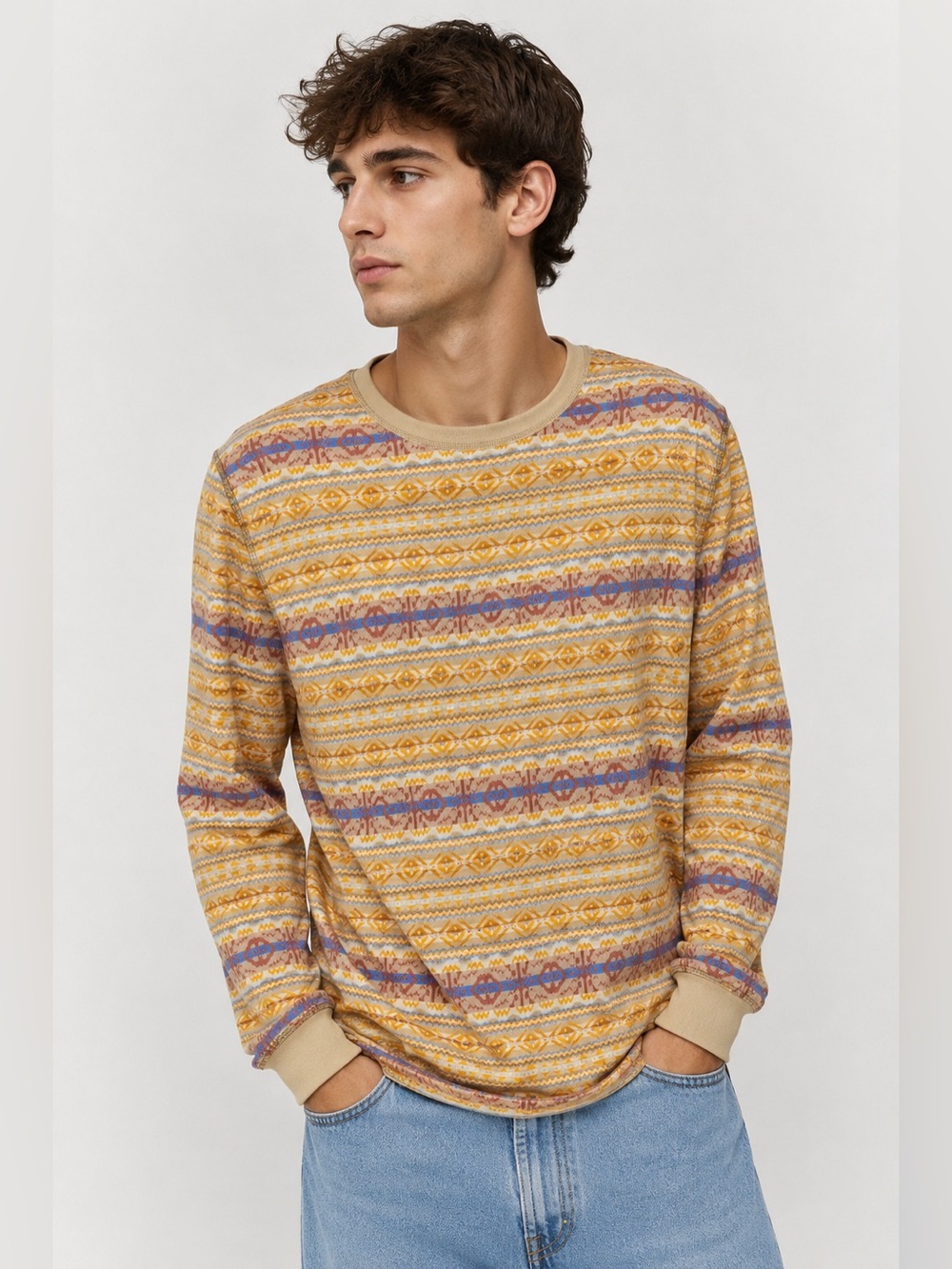 Urban Outfitters BDG Sz M Long Sleeve Shirt Multi-Pattern Beige Orange Aztec $55